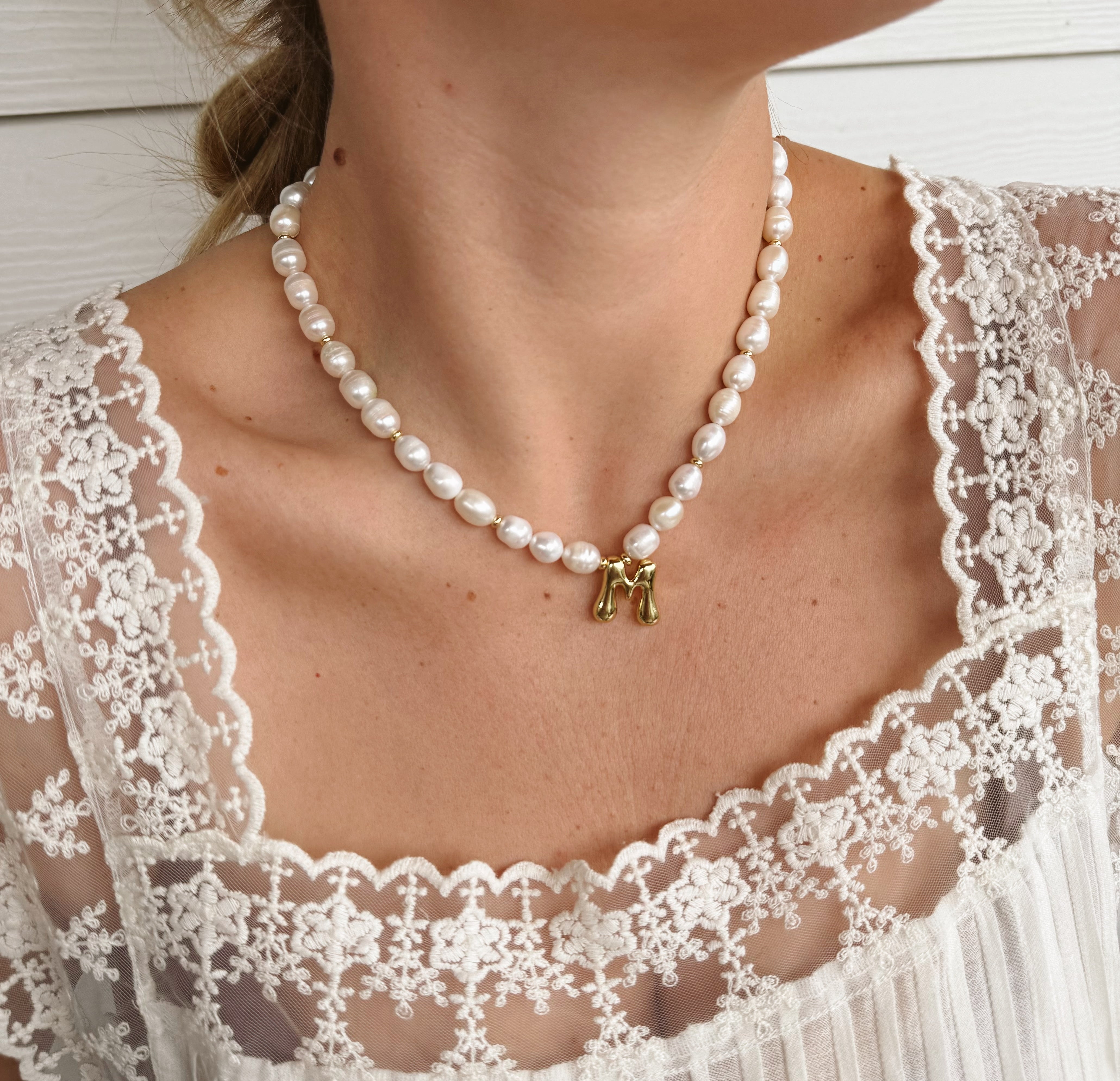 Bubble Initial Pearl Necklace